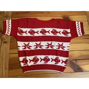 Vintage Knitmakers Red White Fish Starfish Beach Sweater Made in USA Size L